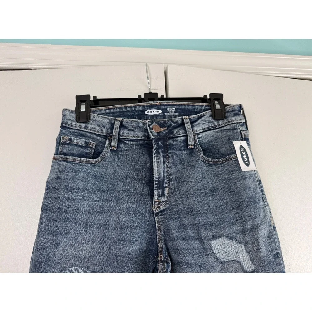 Old Navy Rockstar Super Skinny High Rise Jeans Distressed Blue Petite Size 8 - Picture 2 of 10